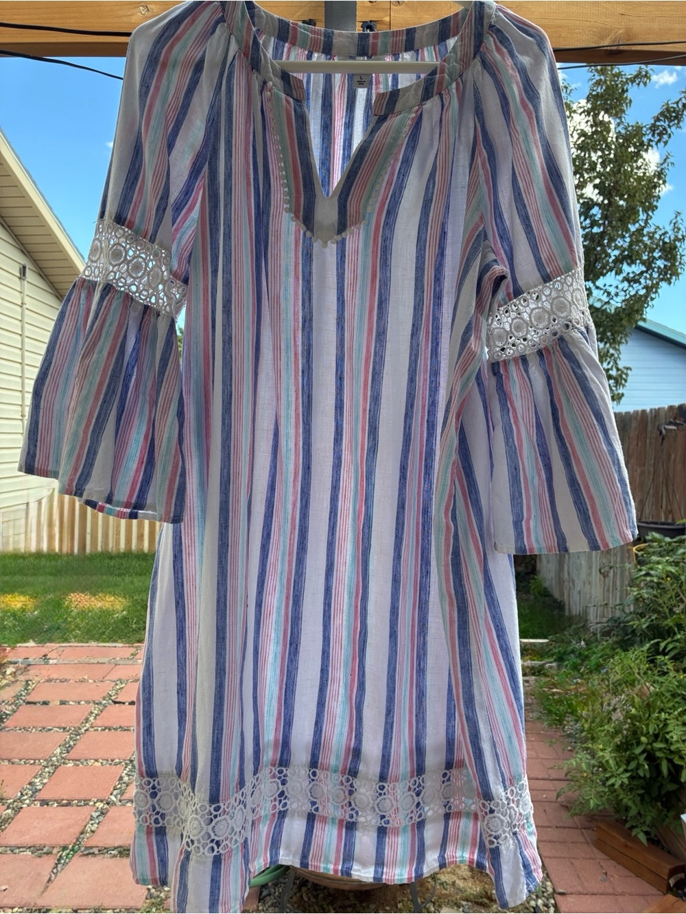 Crown & Ivy Striped Multi-Color Boho Tunic Dress size-L 100% Linen